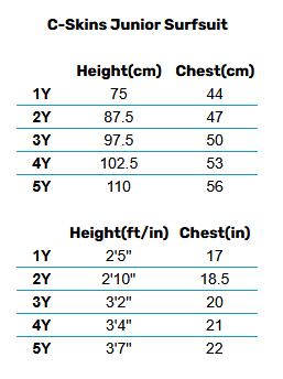 2025 CSkins Junior Surfsuit 0 Matentabel